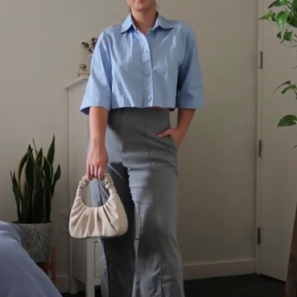 Zara Light Blue Cropped Button-Up Shirt